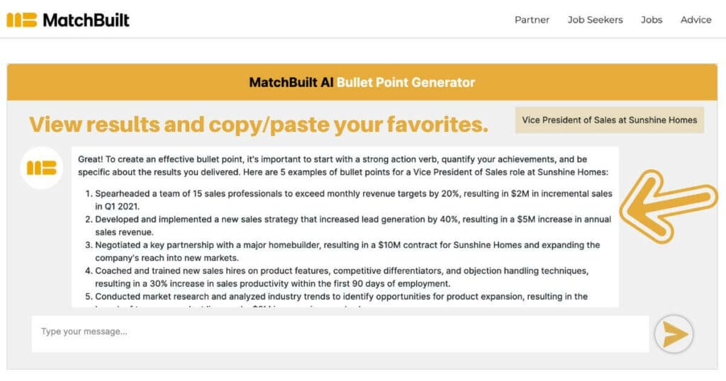 bullet point chatbot results for linkedin and resume